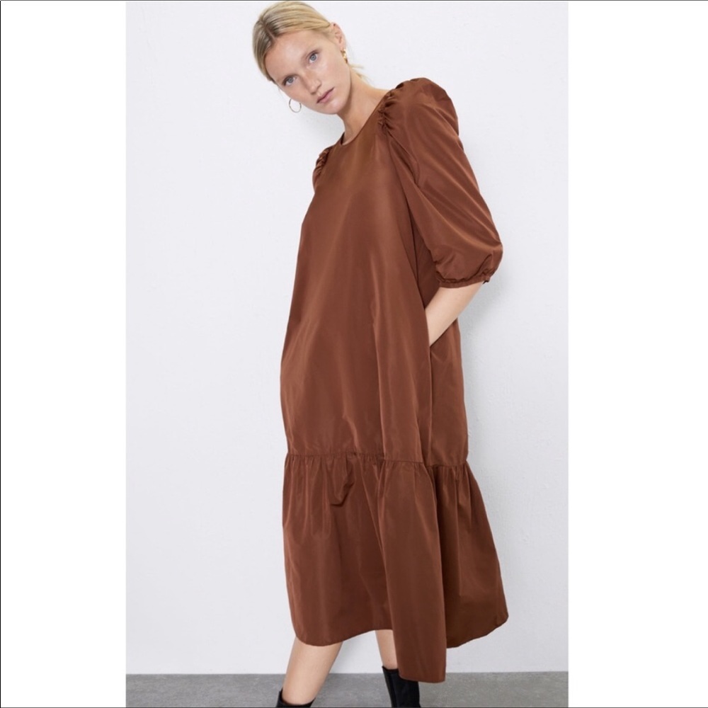 Zara Mocha Brown Voluminous Taffeta Tiered Midi Dress Puff Sleeve XS